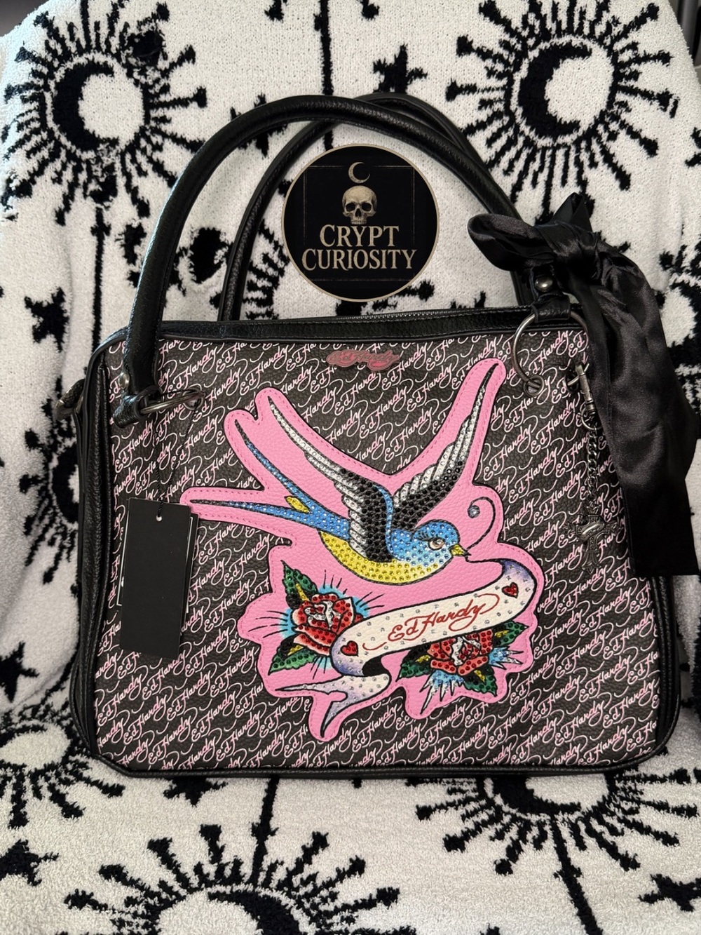 Ed Hardy Blue Sparrow Oversized Tote Bag w/ Bow & Charm